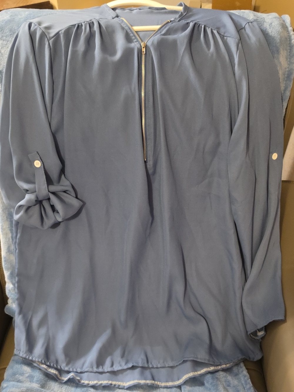 Amazon Women's Dusty Blue Zip-Front Tunic Top